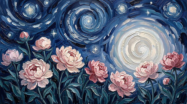 Minimalist Moonrise Peony Mother's Day Oil Painting Wallpaper Background