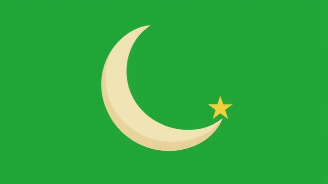 A symbolic illustration of a crescent moon and star isolated on a solid green screen chroma key background.
