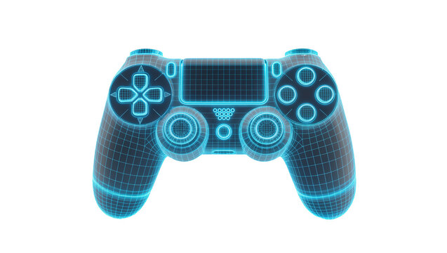 Isolated futuristic digital glowing blue wireframe game controller or gamepad joystick