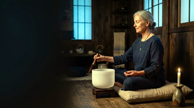 Mature woman practicing meditation with a singing bowl in a serene room