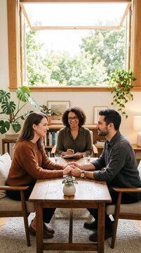 Couple holding hands during therapy session with counselor in a bright room