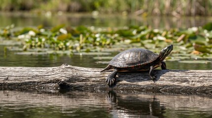 Obraz premium Small turtle basking on a submerged log in a tranquil marshland pond with aquatic plants