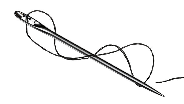 Isolated shining metal sewing needle with thin black thread wrapped around its eye
