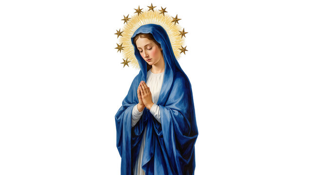 Isolated portrait of the Blessed Virgin Mary in prayer, adorned with a golden star halo and blue veil.