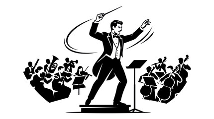 Professional conductor leading a full orchestra during a performance. © bahriri