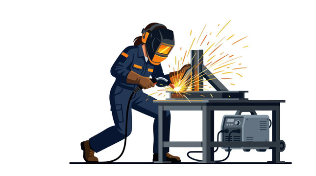 Professional welder working on metal table with flying sparks.