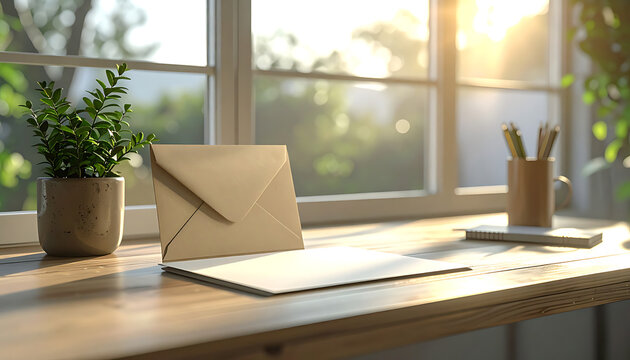 Envelope and paper on wooden desk near window with plants, sunlight and pencils, peaceful morning atmosphere