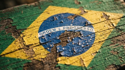 Obraz premium Textured brazilian flag symbol painted on distressed wooden board with weathered
