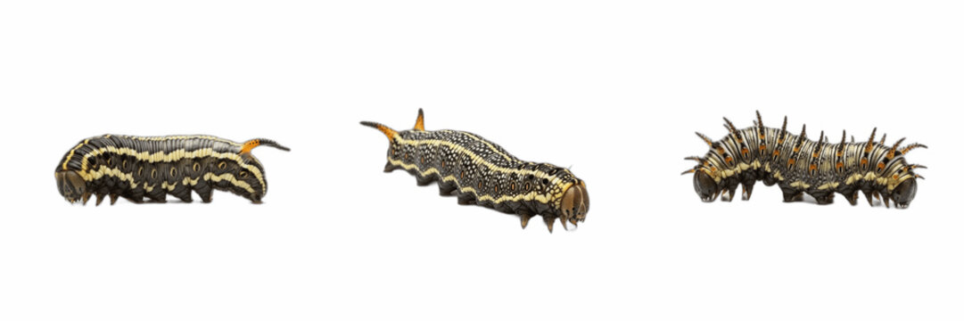 Caterpillars Collection Isolated on White Background Detailed Larvae Specimens for Nature and Biological Educational Design Projects High Quality PNG Assets for Commercial Science Photography and Ento