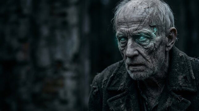 Close-up of an old zombie man with glowing eyes and damaged skin under a dark, gloomy sky in a forest. Halloween monsters, makeup and costumes for the holiday, scary