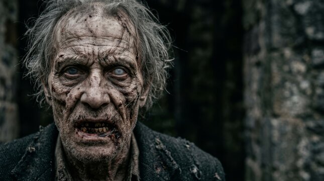 Close-up of an old zombie man with glowing eyes and damaged skin under a dark, gloomy sky in a forest. Halloween monsters, makeup and costumes for the holiday, scary