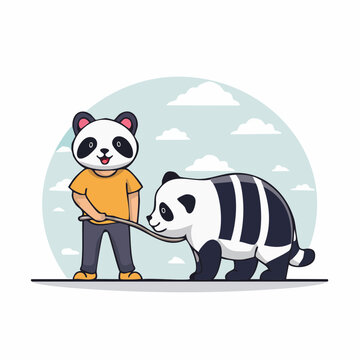 Cartoon of a person with a panda head walking a panda on a leash