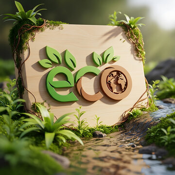 Eco-friendly wooden number 201 with plants and moss on natural stone background