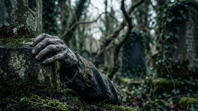 Dirty zombie hand with long fingernails reaching from the grave onto moss-covered tombstone in a dark spooky cemetery. Halloween monsters, makeup and costumes for the holiday, scary
