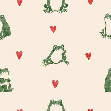 Cute frog in love seamless pattern. Vector print with upset toads