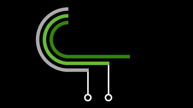 Abstract animated circuit board lines on a black background. Growing green and grey digital pathways with nodes.