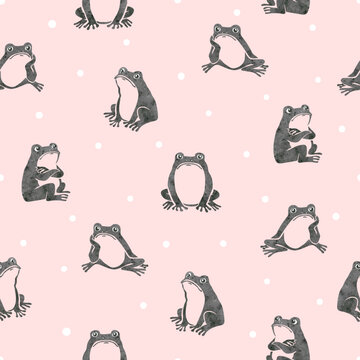 Cute frogs seamless pattern. Vector print with comic upset toads