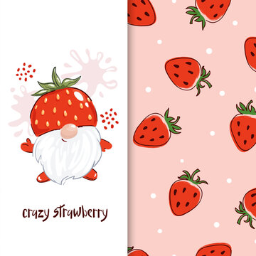 Strawberry set. Cute gnome and pattern with berries. Vector illustration for fabric, t-shirt design