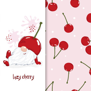 Cherry set. Cute gnome and pattern with berries. Vector cherry illustration for fabric, t-shirt design
