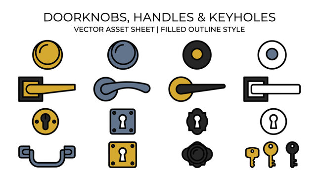 Asset sheet of diverse door handles and lock icons.