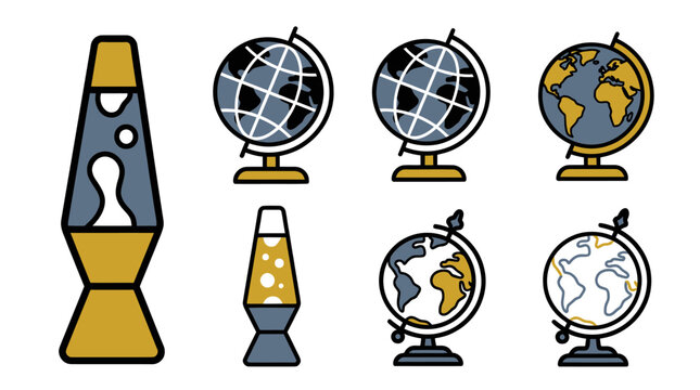 Decorative lava lamps and world globe icons collection.