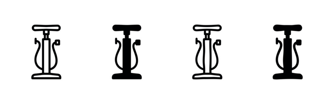 Four icon variations of a bicycle pump in black and white outline and filled styles.