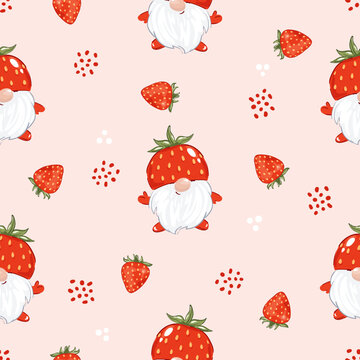 Strawberry pattern with cute gnome and berries. Vector cartoon seamless illustration
