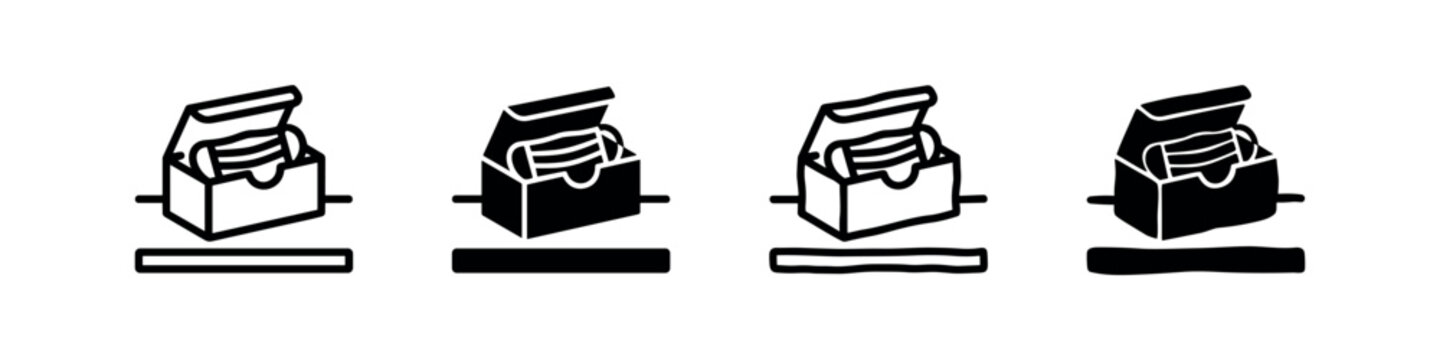 Four icon variations of a box of condoms in black and white outline and filled styles.