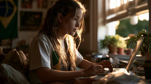 Young girl focused on laptop screen bathed in warm golden hour sunlight