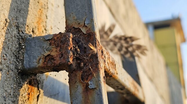 Rusty metal railing with peeling paint and cobwebs on concrete wall