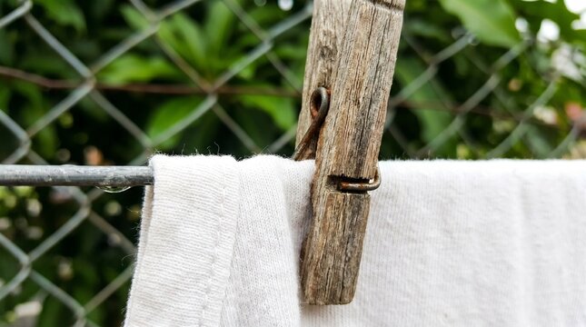 White Laundry Hanging on Clothesline with Wooden Peg