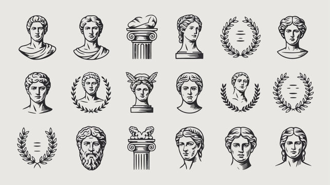 Classical Greek Roman Mythology Busts Laurel Wreaths and Line Art Vector Icons.eps