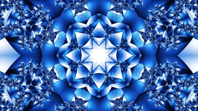 Symmetrical blue crystal kaleidoscope pattern with radiant highlights