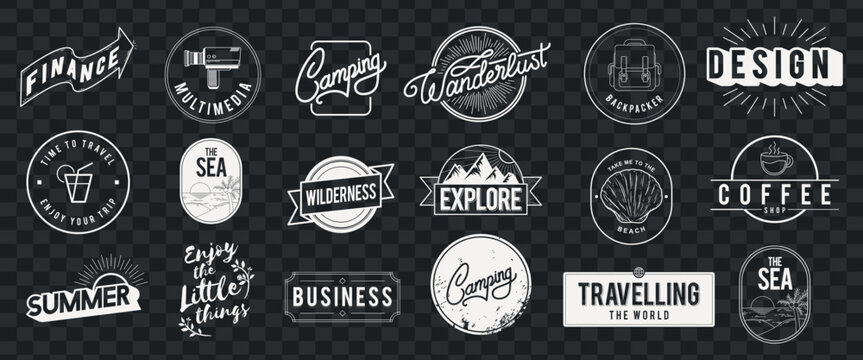 Vector set of vintage travel and lifestyle badges on a transparent background.