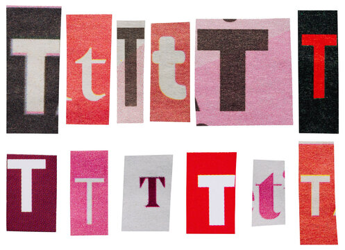 Cut out red and pink letters T set from retro newspapers and magazines isolated alphabet design