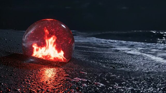 A glass orb containing fire sits on a dark beach at night.