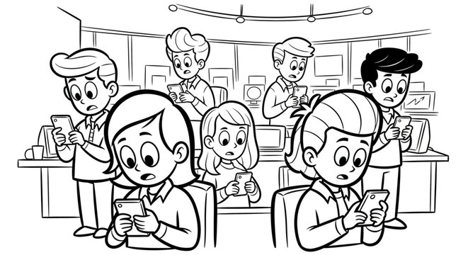 Children and adults distracted by smartphones in classroom.