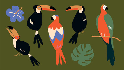 Obraz premium Colorful vector of tropical toucans and leaves on olive background