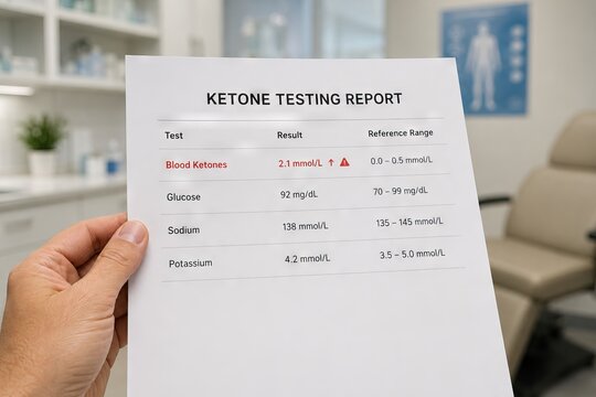 Man holding a document with a ketone testing report showing high blood ketone levels. Medical diagnostic paperwork for checking metabolic health, diabetic ketoacidosis, and nutritional ketosis