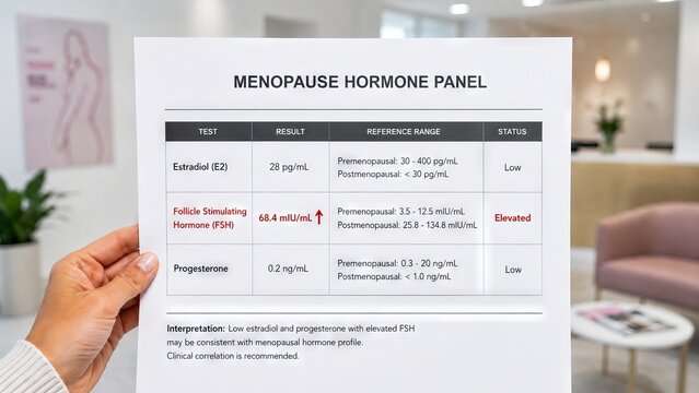 Woman holding a medical menopause hormone panel report showing test results. Analysis of estradiol and progesterone levels with elevated follicle stimulating hormone in clinical setting