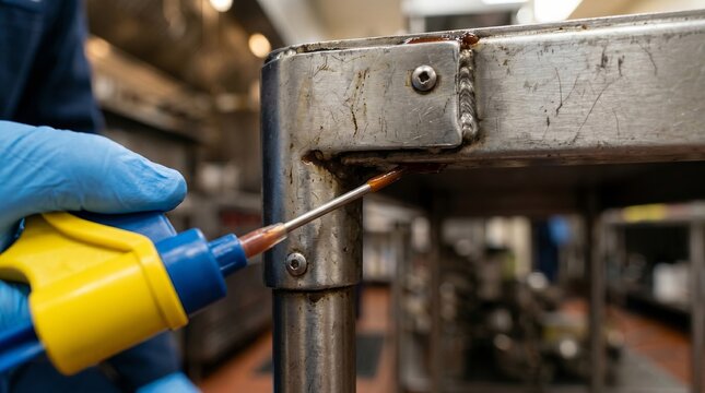Exterminator applying gel bait to metal table corner to control pests. Professional service uses chemical insecticide for sanitization in commercial kitchen. Preventive maintenance