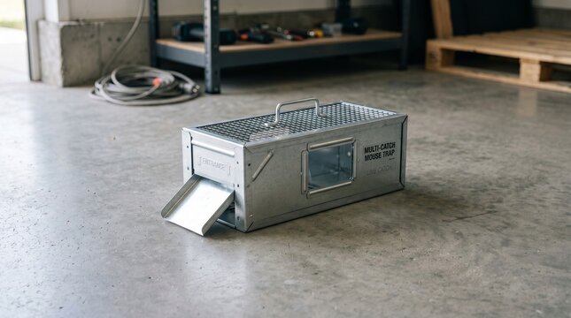 Metal live catch mouse trap on concrete garage floor. Multicatch rodent control device for home pest management. Equipment for humane removal of house pests in professional service