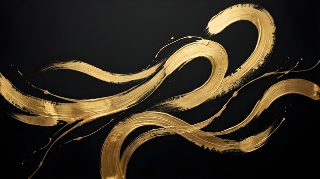 Metallic gold brush strokes on black background, elegant golden paint swirls with textured bristles, luxury abstract art for premium branding