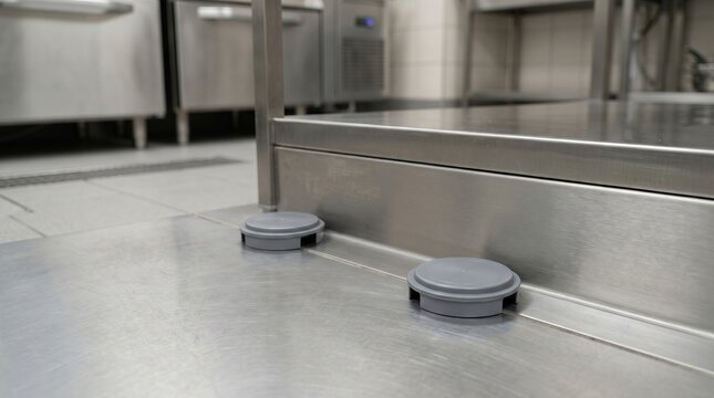 Professional rodent bait station placed on commercial kitchen floor for pest control. Safety equipment for insect and mouse management in restaurant facility for hygiene and food safety