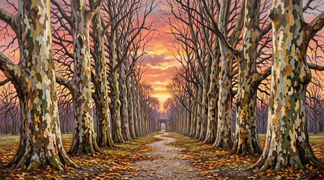 Oil painting of winter plane trees with colorful bark, bare branches against a vivid sunset, and golden leaves on the ground.