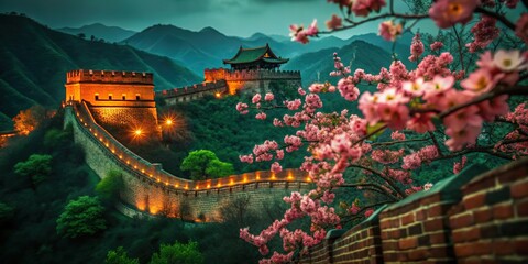 Obraz premium Great Wall of China with Cherry Blossoms at Sunset Mountain Landscape