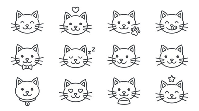 Cute cat faces with various expressions line icons.