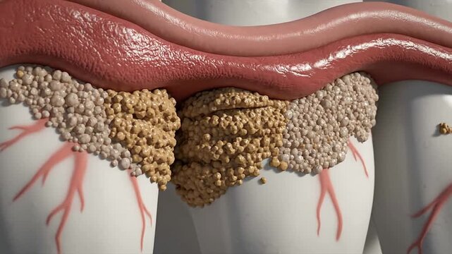 Medical CGI Visualization of Calculus Accumulation Under Gumline with Detailed Representation of Plaque and Hard Deposits on Natural Teeth