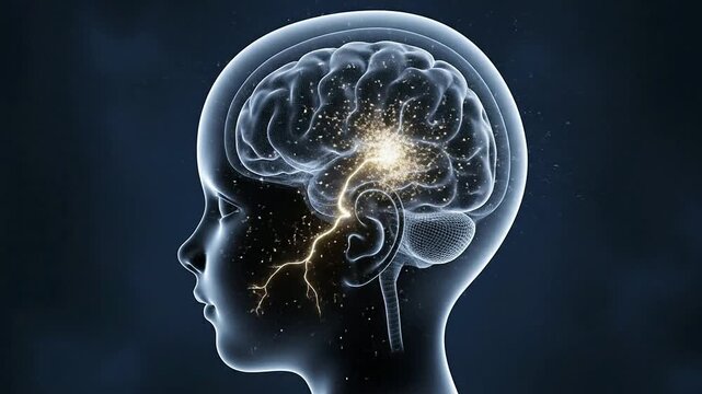 Pediatric Speech Delay Awareness Concept Illustration Featuring Glowing Brain and Sparks in a Child?s Profile View on Dark Background