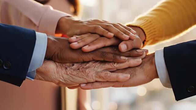 Diverse business team stacking hands in unity